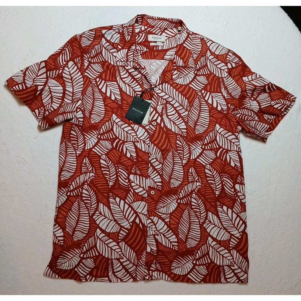 NWT Bugatchi Jackson Leaf Print Camp Shirt Mens Size M Rust Orange Tencel Luxury